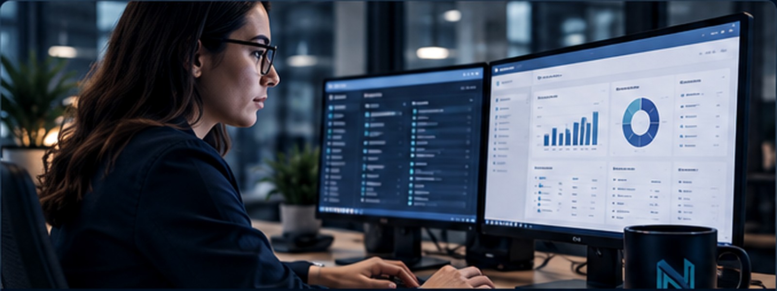 Profesional trabajando con sistemas empresariales y analítica