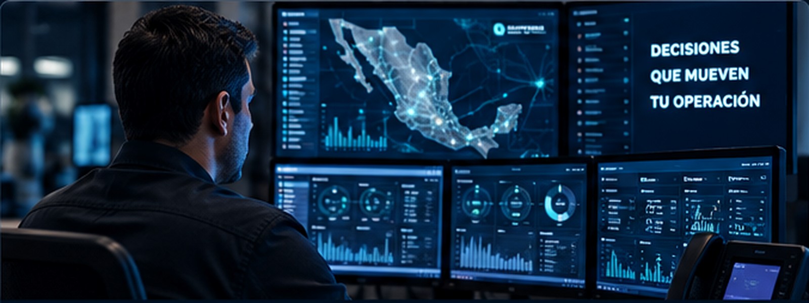 Centro de control con mapas, indicadores y analítica operativa
